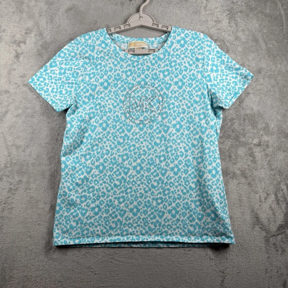 Michael Kors Top XL Blue Cheetah Rhinestone Shirt Summer Spring‎ Vacation Cruise